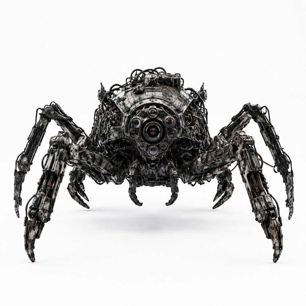 末世风格机械蜘蛛，金属多足结构，中央传感眼，写实异兽设计
