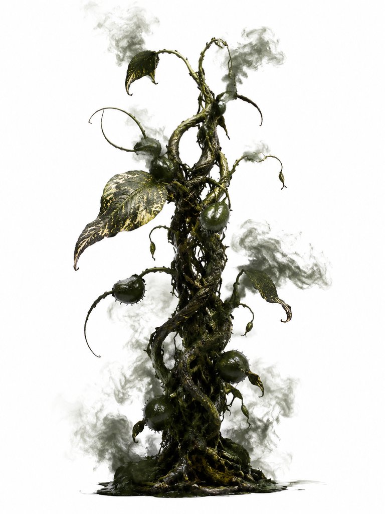 毒雾藤,暗绿色斑叶缠绕,释放毒雾,写实末世植物