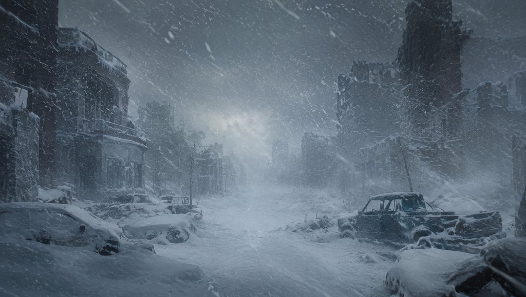 暴雪中的末世废土街道,废弃车辆与破败建筑被厚雪覆盖,写实风格3D特效图