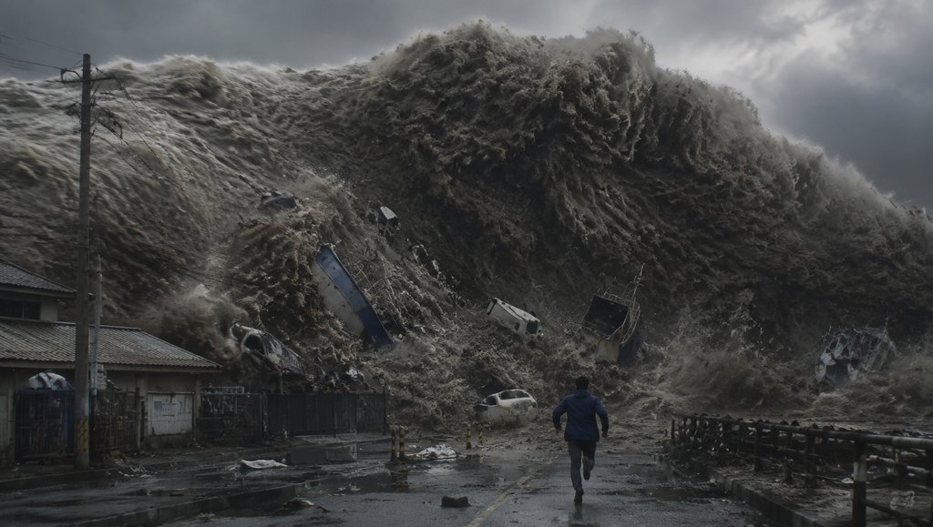 海啸巨浪席卷城镇，浑浊巨浪翻卷残骸，一人奔跑逃生，末世废土写实风格