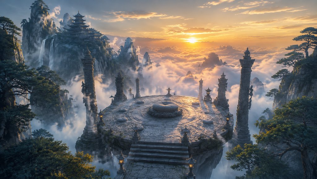 仙峰道场悬空石台，云海环绕，东方仙侠写实风格