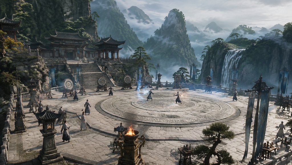东方仙侠风格演武场,青石擂台中央有灵光环绕,人物演练武艺,背景为山峦瀑布与古建筑
