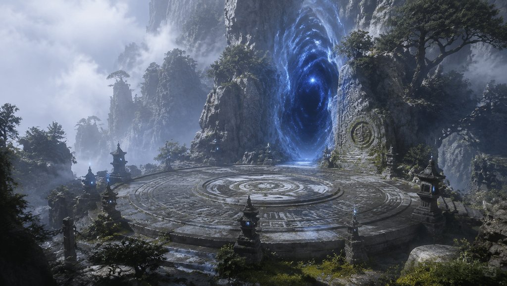 东方仙侠秘境入口,古阵石台前的空间裂隙,蓝色灵光漩涡,写实风格