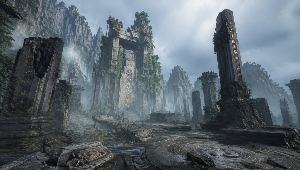 上古遗迹残殿石柱,符纹灵光环绕,东方仙侠写实风格场景