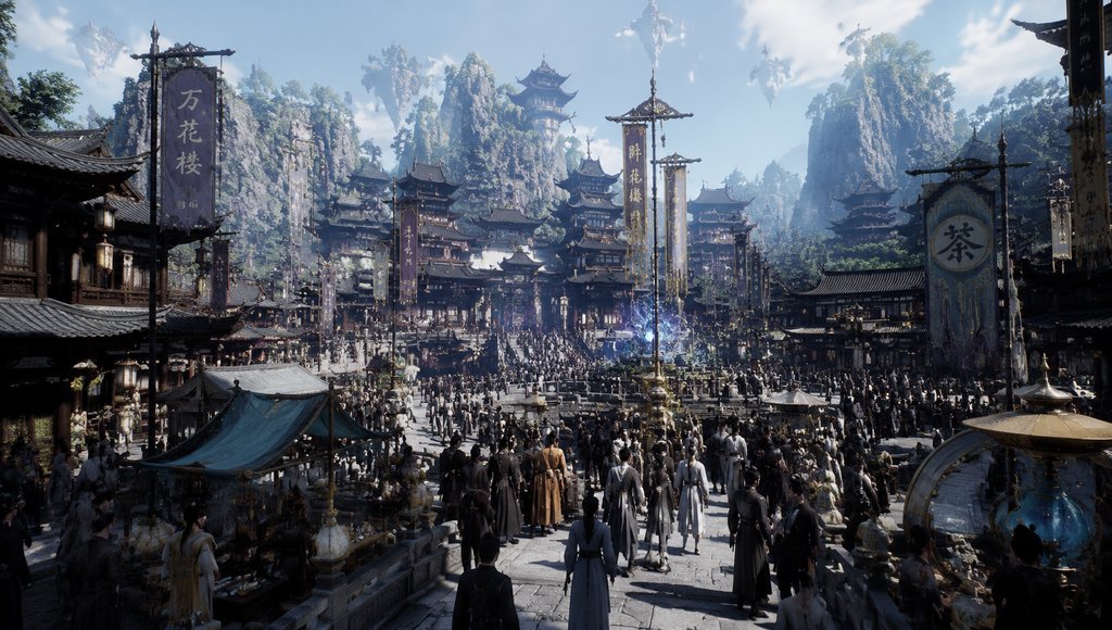 东方仙侠风格坊市,人群熙攘,古建筑林立,悬浮招幡飘扬,写实3D场景