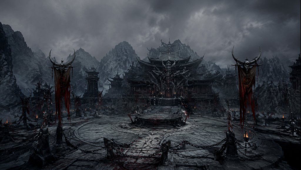 魔教总坛，玄黑魔殿，祭坛中央，东方仙侠写实风格