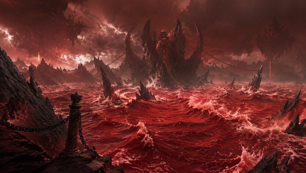 翻腾的赤红色海面，中央矗立着恶魔般的岛屿城堡，东方仙侠风格写实场景