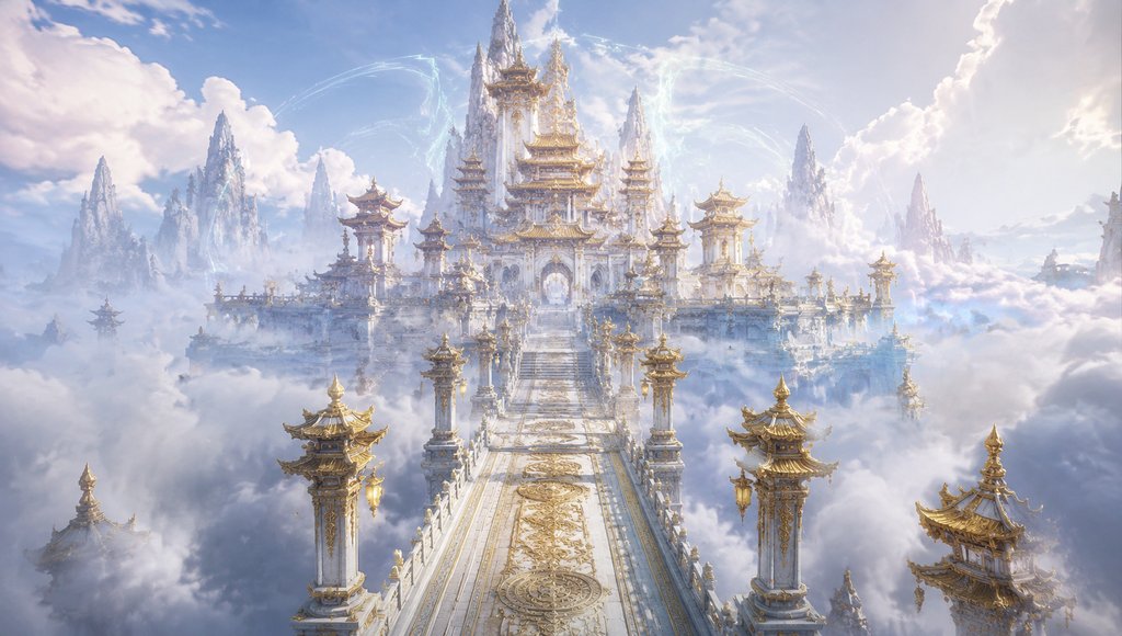仙界天宫悬浮于云海之上,金碧辉煌的琼楼玉宇,东方仙侠风格写实场景