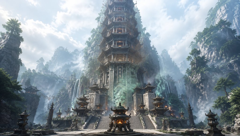 东方仙侠风格的丹塔，层叠炼丹楼阁，青烟缭绕，丹炉燃烧，山间瀑布环绕，写实3D场景