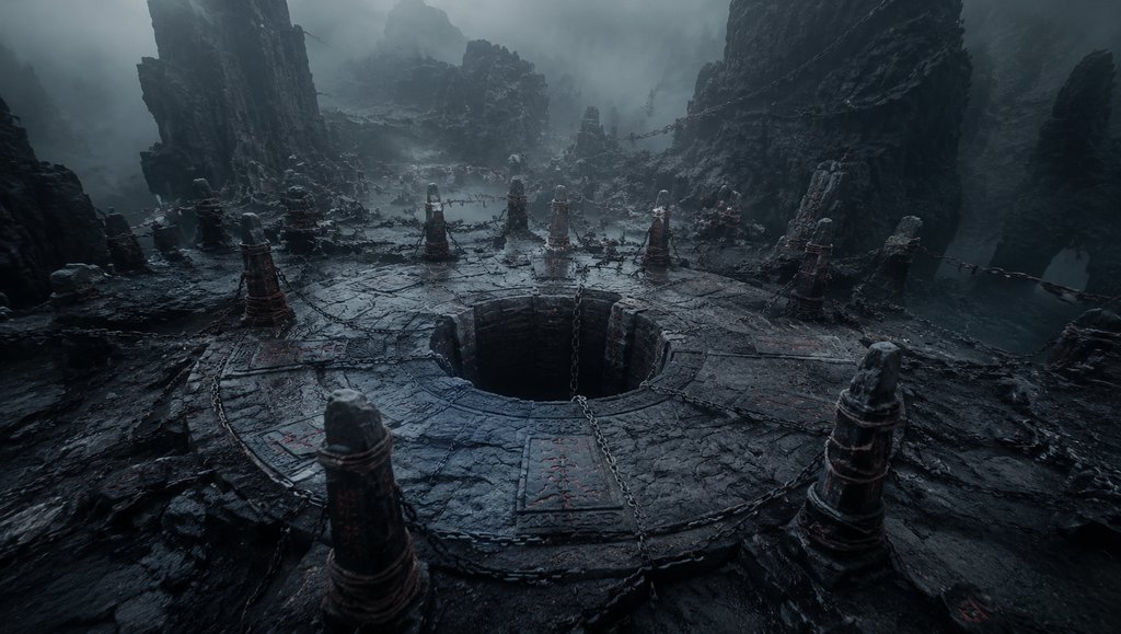 锁妖井,深井封印,环绕锁链与符咒,阴森东方仙侠写实场景