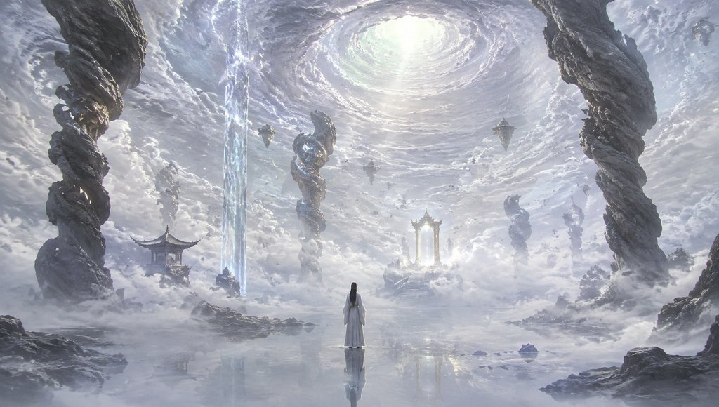 太虚幻境中,白衣人物立于云雾缭绕的奇景,东方仙侠风格写实场景