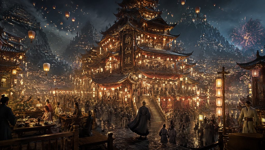 夜幕下灯火辉煌的醉仙楼,东方仙侠风格建筑群,悬浮灯笼与人群熙攘,写实3D场景