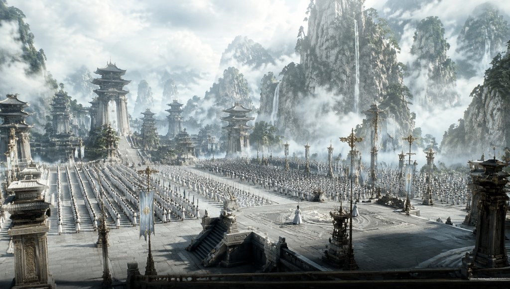 仙朝校场,列阵仙兵,帅台灵旗,东方仙侠写实风格场景