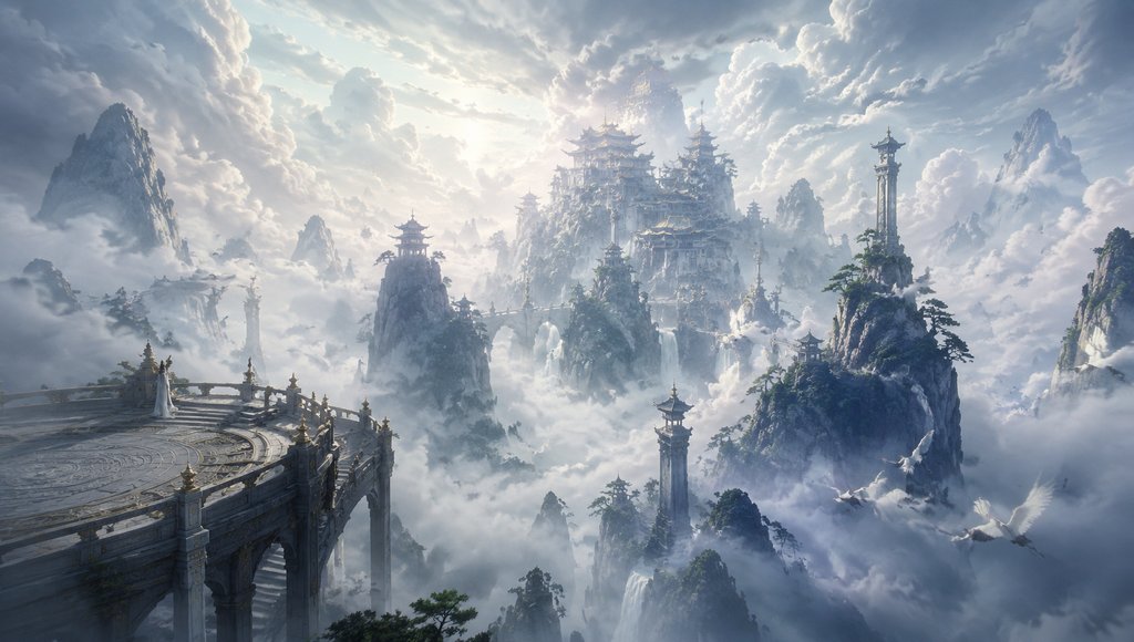 云海仙境中的浮空仙峰，仙鹤翱翔，东方仙侠风格写实场景