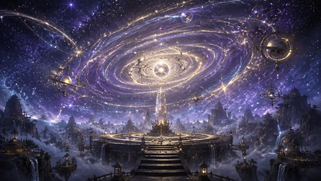 星空秘境中的东方仙侠悬浮宫殿,星轨环绕,晶莹光柱直通天际,写实奇幻风格