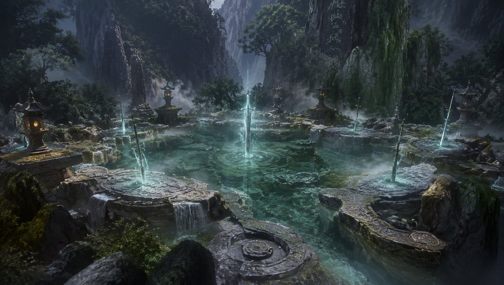东方仙侠风格剑池,清冽灵泉中飞剑悬浮,石台古灯环绕,写实3D场景