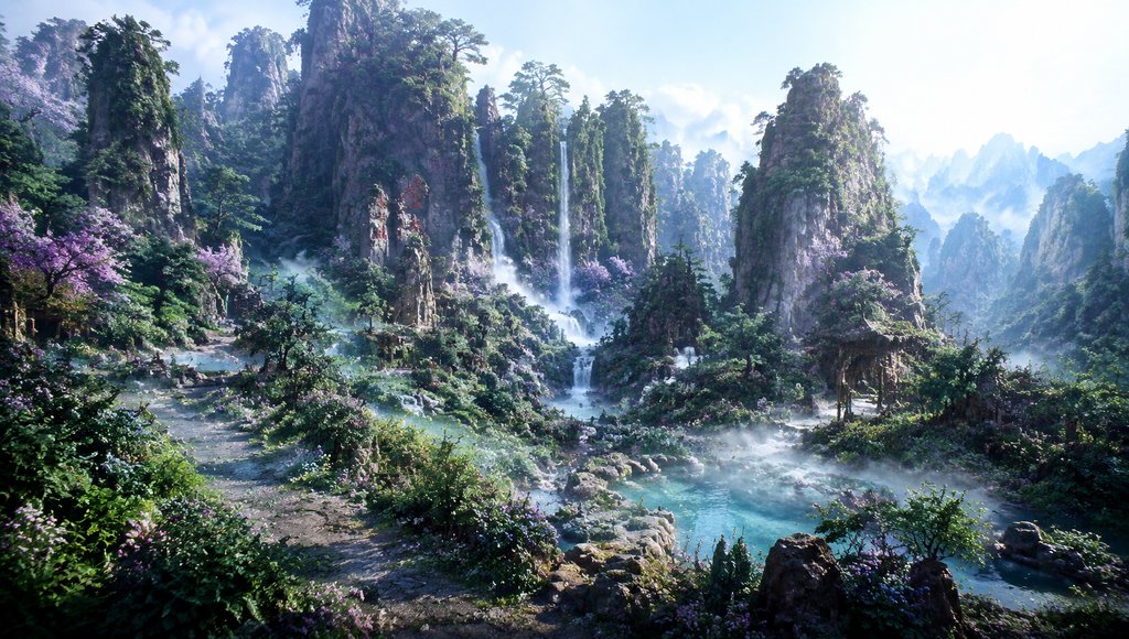 灵药谷仙境，瀑布飞流，灵雾缭绕，紫花盛开，东方仙侠写实场景
