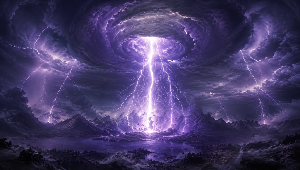 雷泽上空翻腾的紫白雷云，中央巨雷柱劈下，东方仙侠写实风格场景