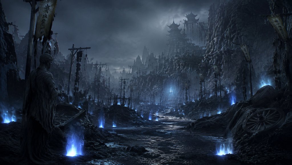 幽冥鬼域中游魂徘徊，鬼火闪烁，东方仙侠写实风格场景