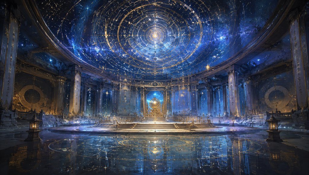 星辰殿内景，星图穹顶与星力法阵辉映，东方仙侠写实风格