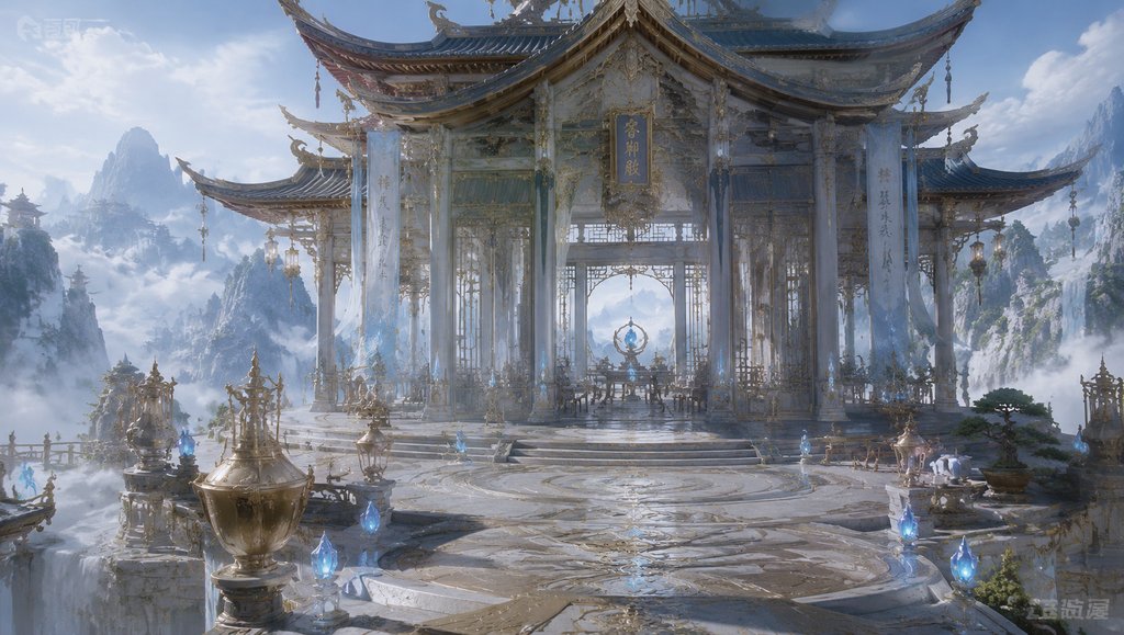 仙门客卿殿，东方仙侠风格的宏伟殿堂，金色装饰与灵光环绕，写实3D场景