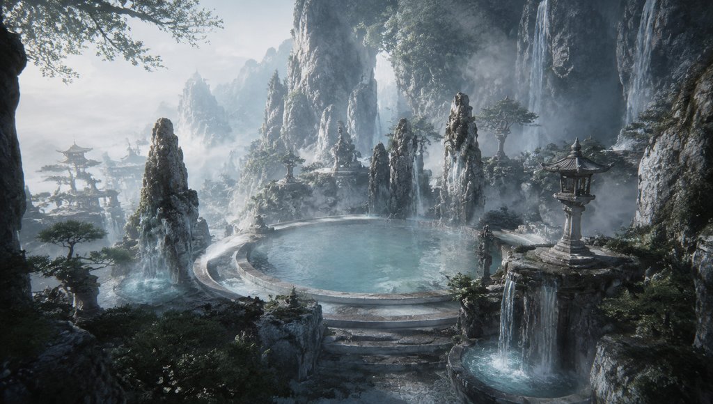 东方仙侠风格的灵泉浴池,环绕奇石瀑布,雾气缭绕,写实3D场景