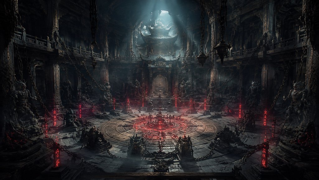 镇魔殿内部，红色符阵发光，古风建筑与链条环绕，东方仙侠写实风格