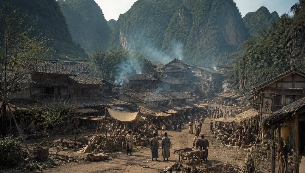 东方仙侠风格山村集市，炊烟袅袅，古朴屋舍与群山环绕，写实3D场景