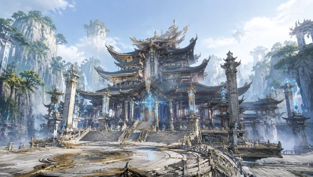 仙门主殿，飞檐斗拱，灵纹立柱，瑞气缭绕的东方仙侠写实建筑