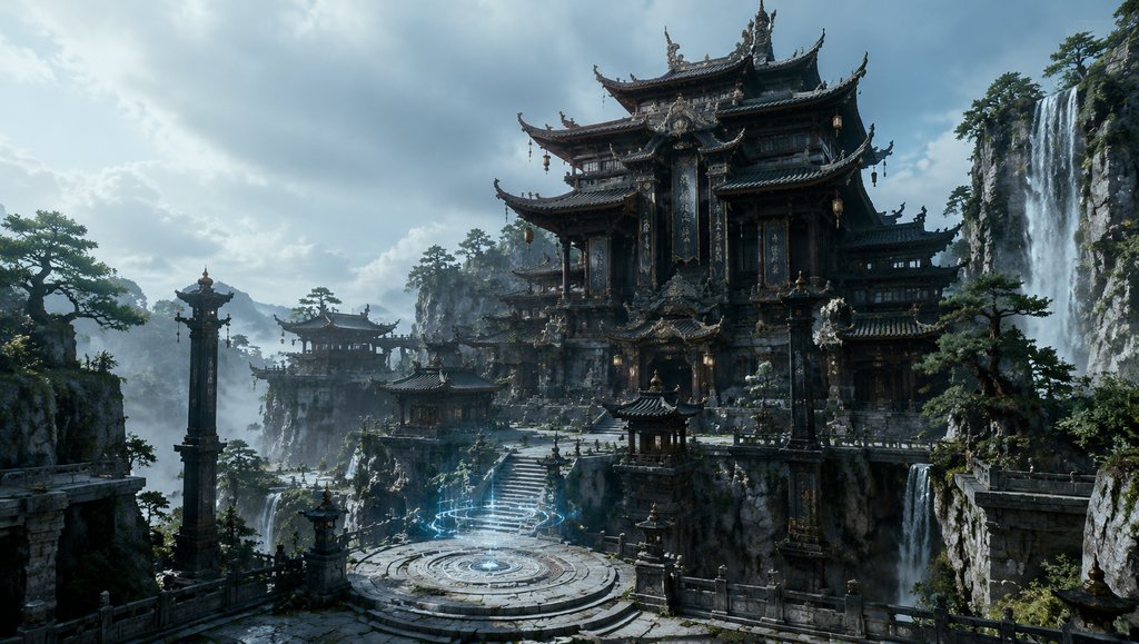 藏经阁楼，层叠飞檐，灵光环绕，东方仙侠写实建筑