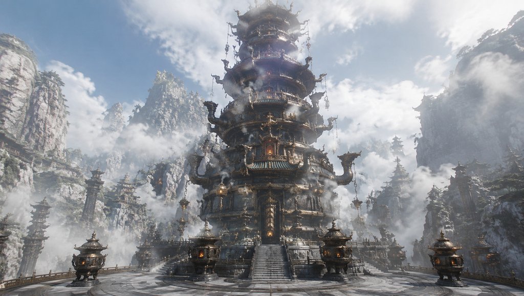 东方仙侠风格的炼丹塔，层叠炉鼎环绕，云雾缭绕，写实3D建筑