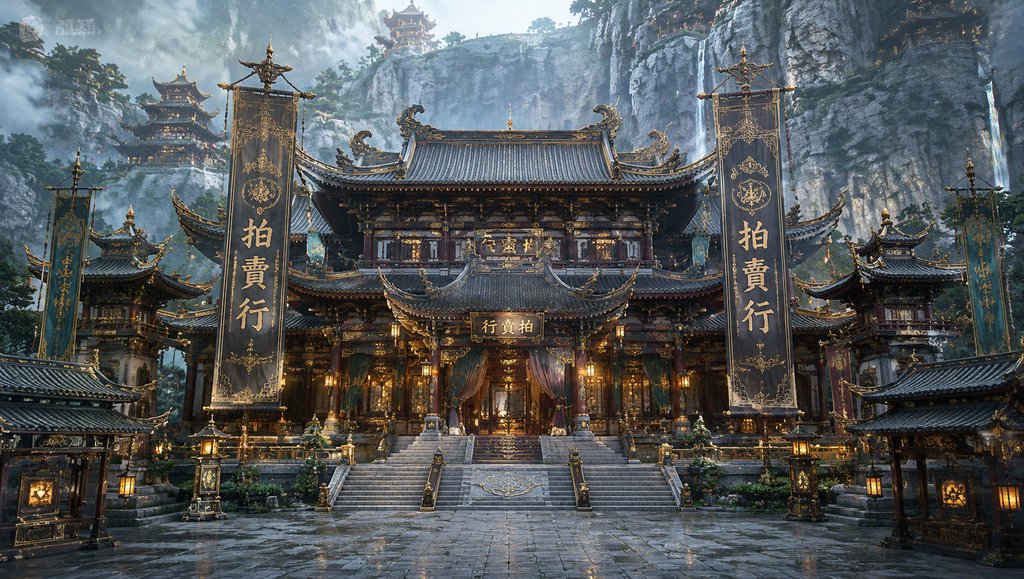 东方仙侠风格的华丽拍卖行楼阁，金色装饰与灵纹招幡，灯火辉煌，山崖瀑布环绕