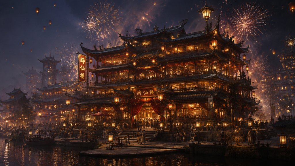 夜幕下的醉仙楼，灯火辉煌，烟花绽放，东方仙侠风格建筑，水面倒影，人群熙攘