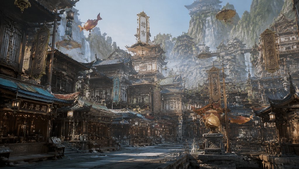 东方仙侠风格的坊市店铺,悬浮招幡与灵光点缀,写实建筑群