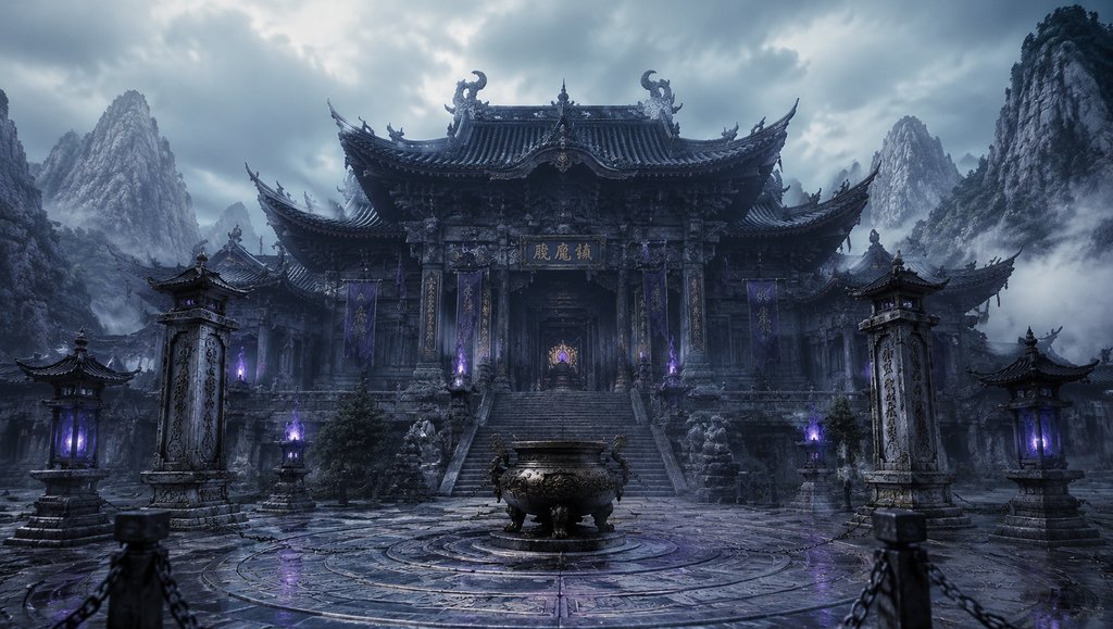 镇魔殿，东方仙侠风格写实建筑，紫光符阵环绕，古朴庄严