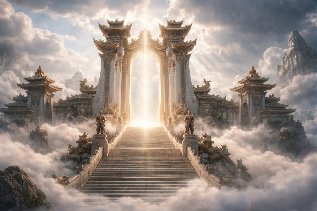 仙界南天门，金色巨拱门闪耀仙光，云海环绕，守卫伫立，东方仙侠写实风格