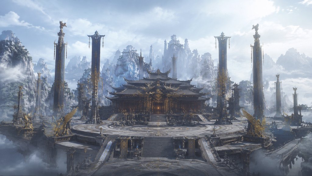 仙门议事大殿，东方仙侠风格写实建筑，金色装饰与灵旗立柱环绕，云雾缭绕山峦背景