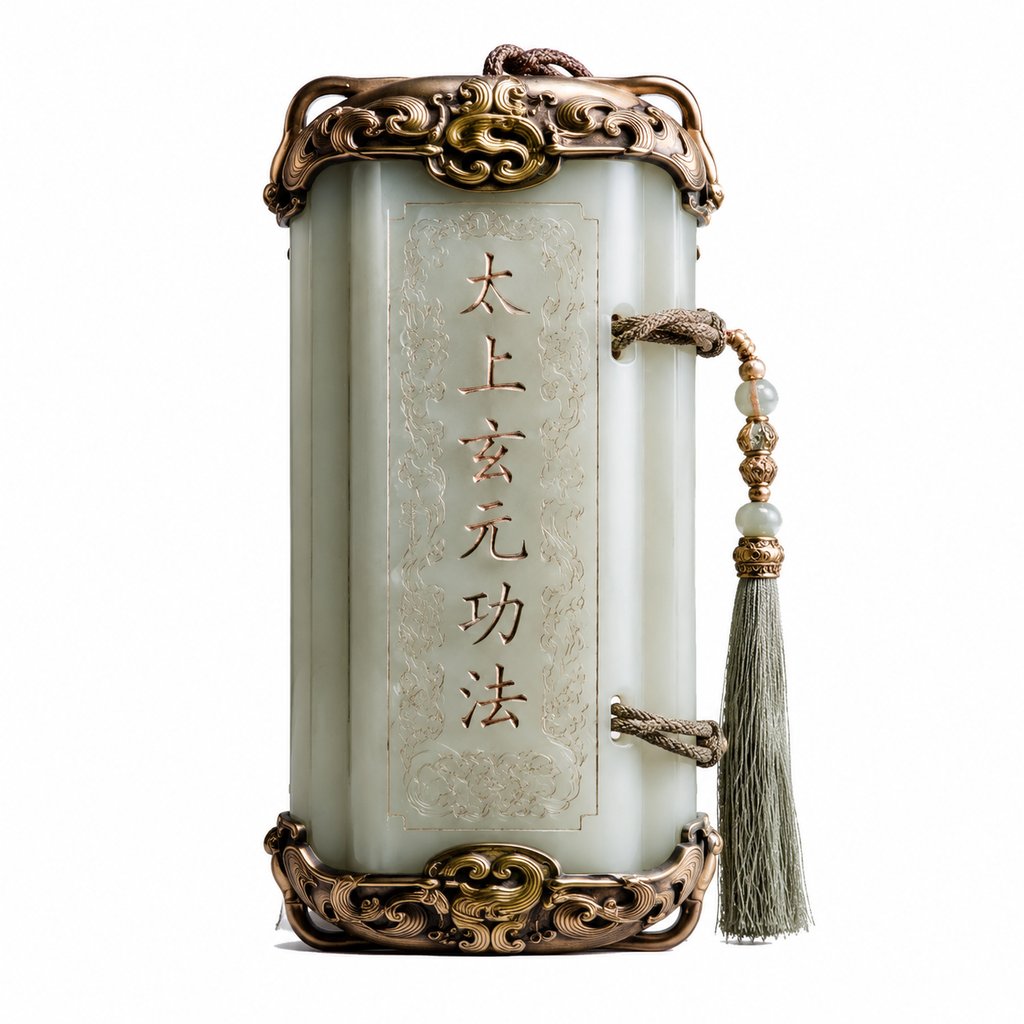 温润玉简，刻有灵纹与‘太上玄元功法’字样，配铜质装饰与流苏，东方仙侠风格写实道具