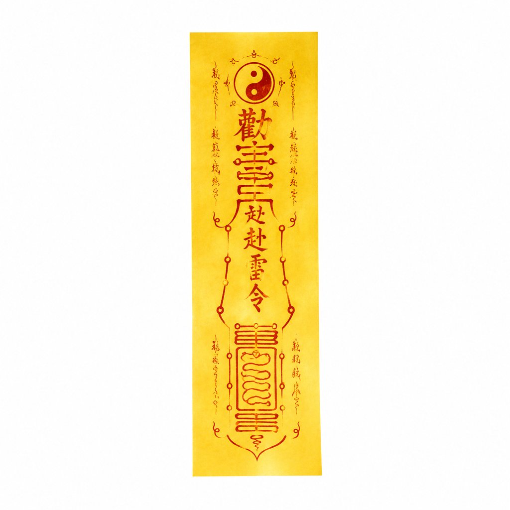 黄色黄纸上的朱砂灵符，绘有太极图案和神秘符文，东方仙侠风格写实道具