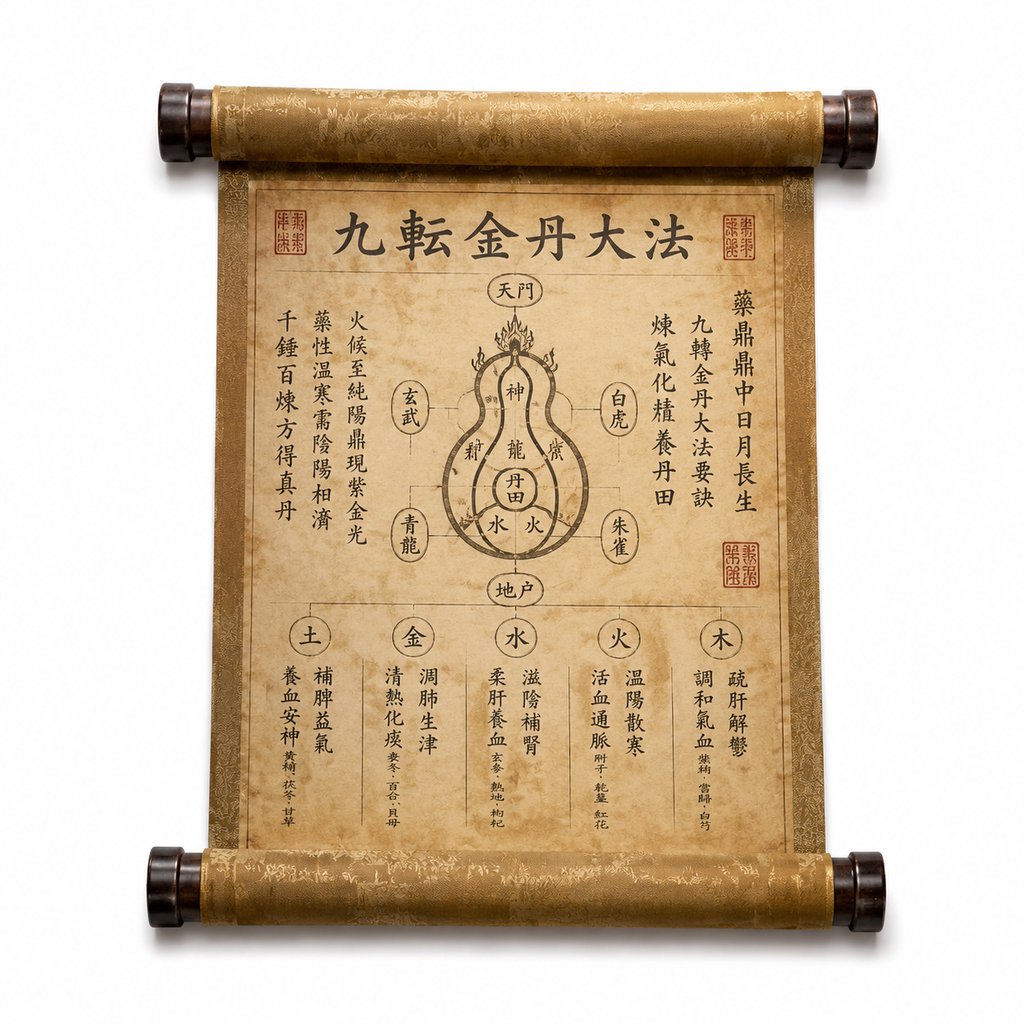 泛黄帛卷上的丹方药谱，包含炼丹图示与五行药材，东方仙侠风格写实道具