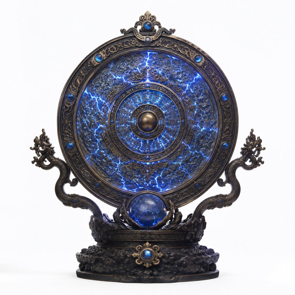 东方仙侠风格渡劫雷池法器，蓝色雷光纹路环绕，金属雕花底座，写实3D道具