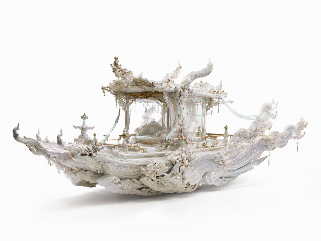 法舟云舟，悬浮于云纹之上的东方仙侠载具，白色琉璃质感，细节繁复，充满灵光与神秘感