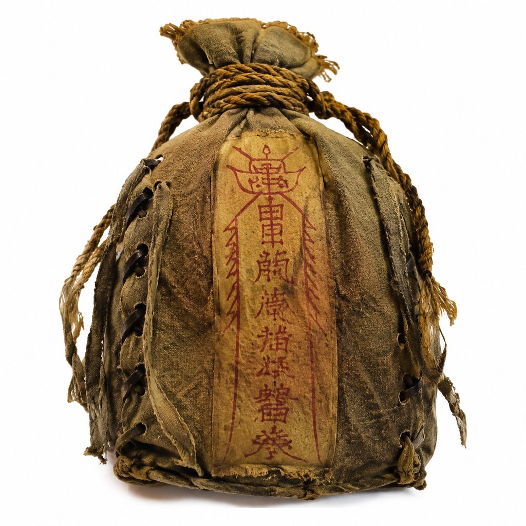 古旧布质风袋，红色符文封印，东方神话风格写实道具