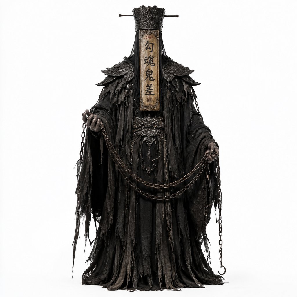 勾魂鬼差身穿黑袍，手持锁链，胸前挂有‘勾魂鬼差’牌匾，阴森神秘的东方神话写实风格形象