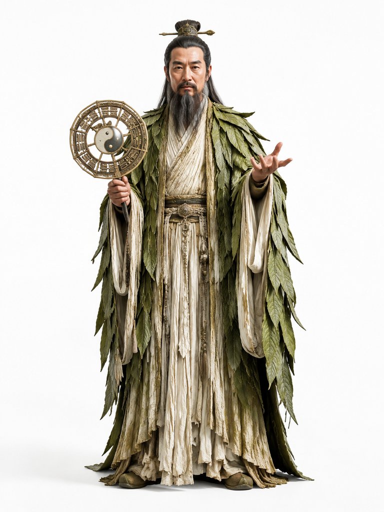 伏羲身披绿叶长袍，手持八卦规，古朴写实风格的上古神祇形象