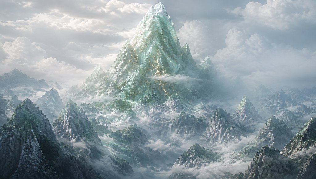 玉山圣峰，晶莹剔透的玉石山体，云雾缭绕，上古洪荒写实风格