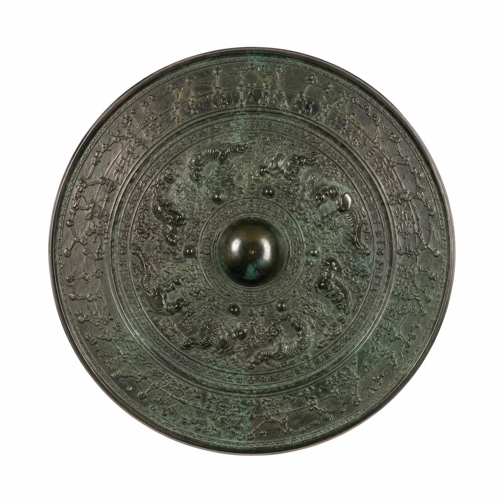 上古青铜镜，星象兽纹装饰，写实风格礼器道具