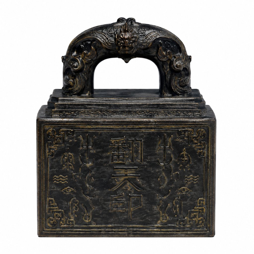 玄色方印，饰有符纹与威光，商周神话风格写实道具，3D资产参考