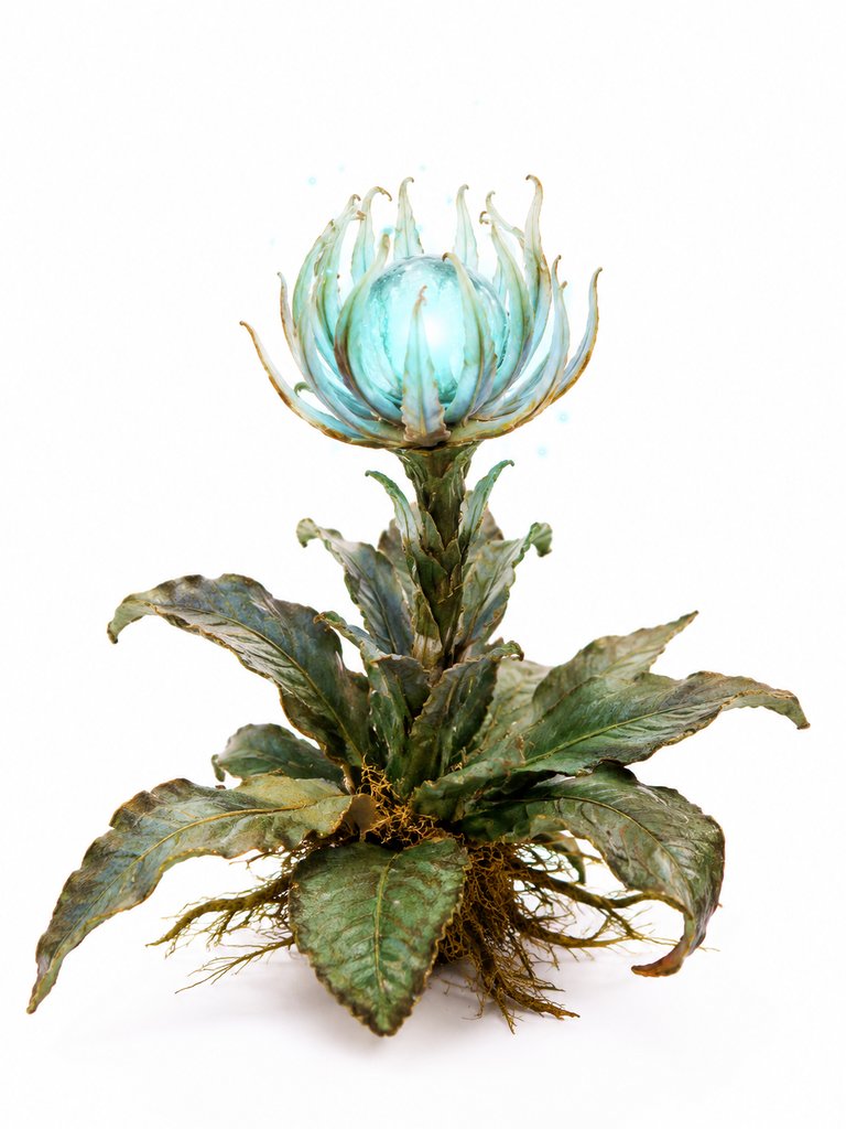 乾元山灵药莹光草株，蓝绿色发光花冠，写实风格神话植物