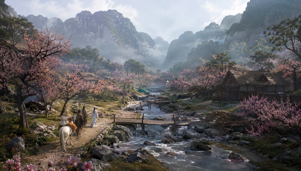 取经团队行经桃花盛开的村落，溪流环绕，山雾缭绕，东方神话写实风格